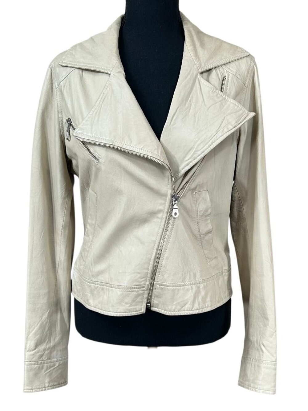 Kenna-T Cream Color 100% Leather Zip Front Moto Jacket Size M